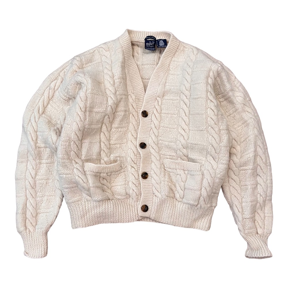 Vintage GANT The Rugger Cardigan Wool Cable Knit Stripe Tan Classic Tennis XL
